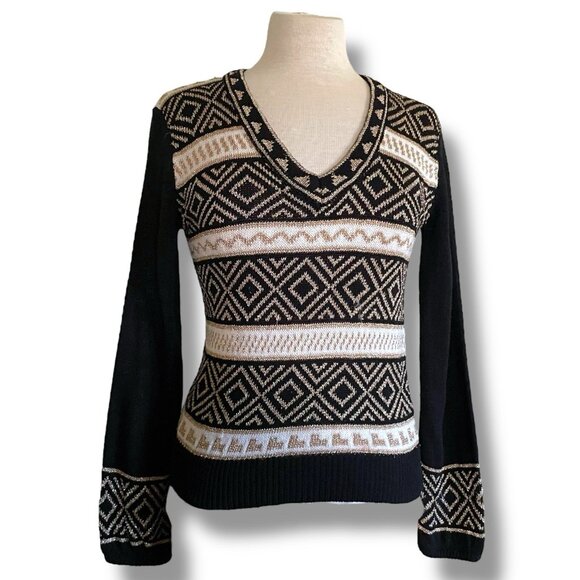 Vintage 1970s Clovis Ruffin Womens Sweater Sz Small Black Gold Metalllic Disco - Picture 5 of 7
